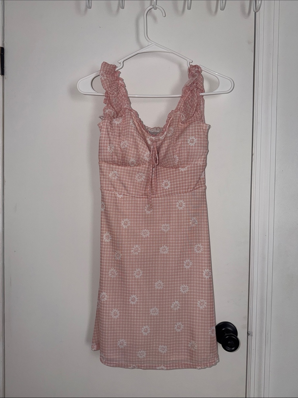 Pink Gingham Floral Ruffled Mini Dress